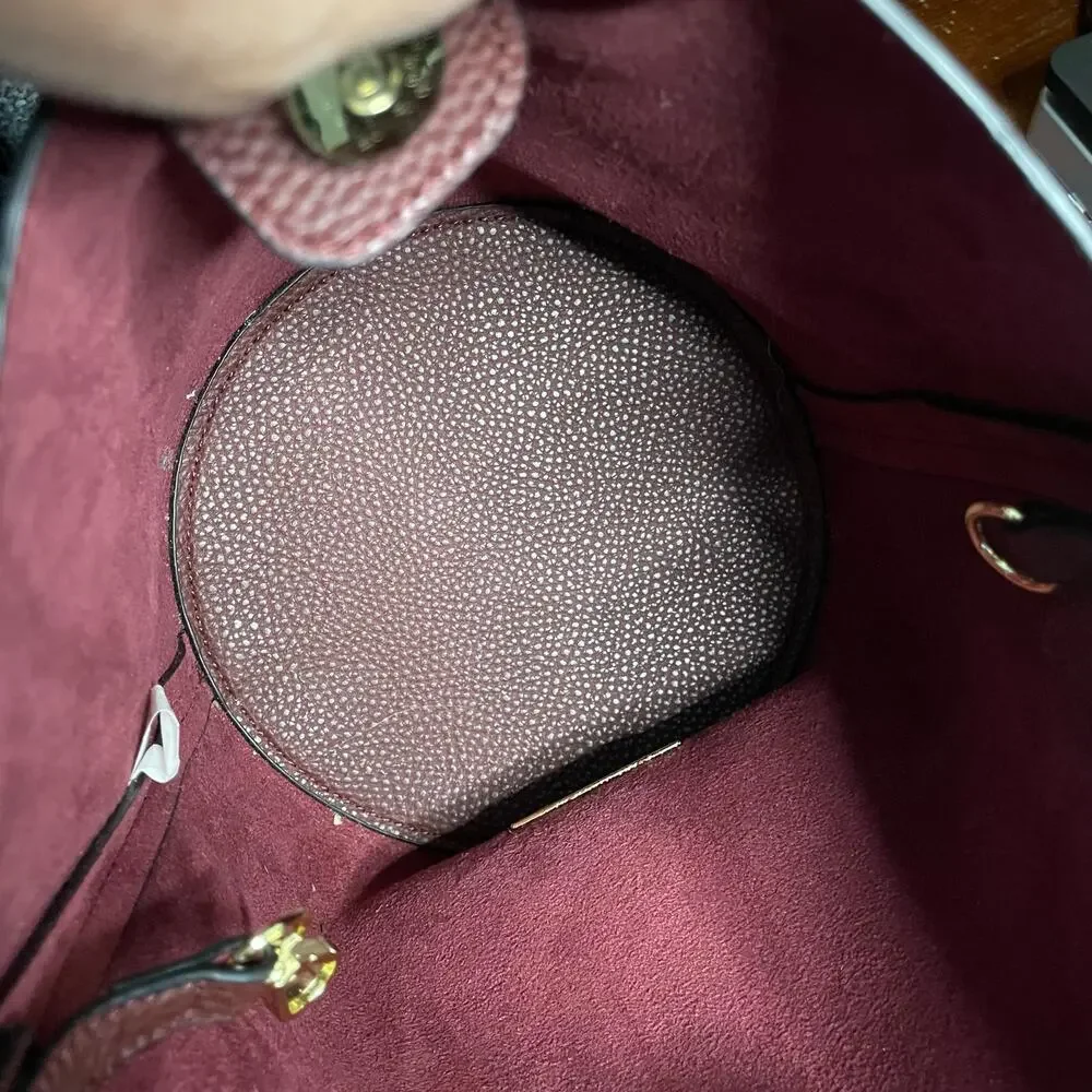 Katie Loxton London Burgundy Pebbled Bucket Crossbody Shoulder Bag Gold Ring